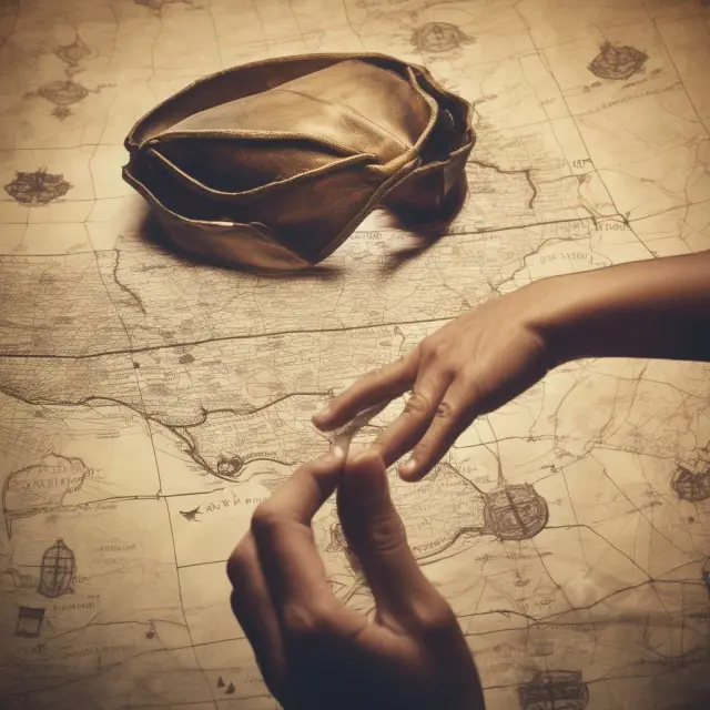 A blindfolded hand letting go of a treasure map, signifying the act of placing assets into a blind trust.