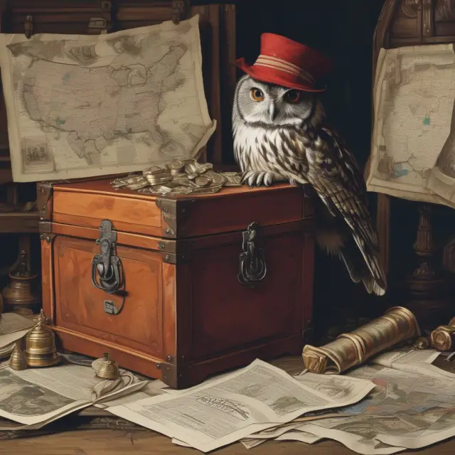 An owl wearing a blindfold manages a treasure chest, symbolizing a trustee handling assets in a blind trust, with an estate map and political campaign posters nearby.