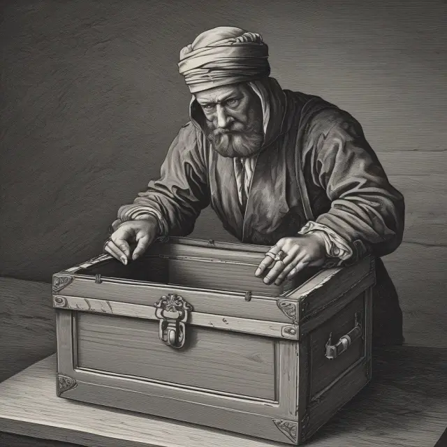Blindfolded trustee managing a hidden treasure chest, maintaining financial secrecy for a blind trust