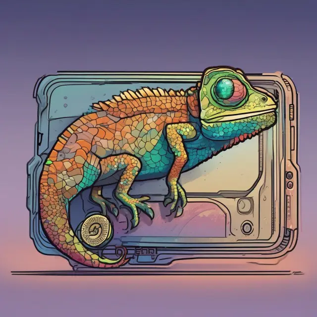 Chameleon exchanging various cryptocurrencies within a blockchain wallet
