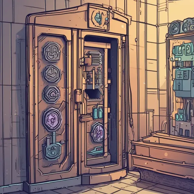 A fortified vault holding cryptocurrencies, secured by complex keys and two-factor authentication