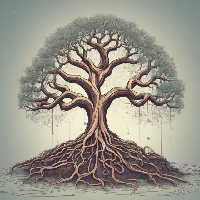 An image of a mighty, ever-expanding tree symbolizing the blockchain with its unbreakable, interconnected branches depicting data storage and immutability