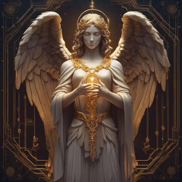 An angel shields a golden blockchain with interlocking keys, symbolizing security through cryptography and consensus mechanisms.