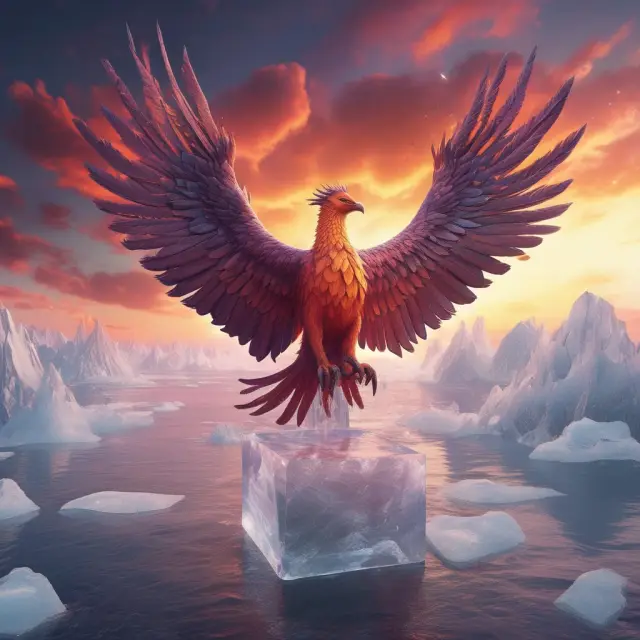 A mythical phoenix emerging from a block of ice, representing the transformation and potential growth in blockchain technology