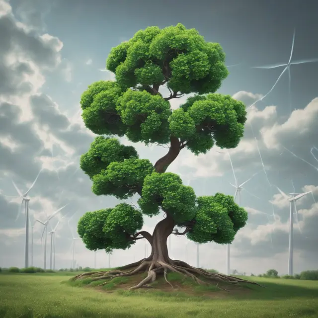 An image of a tree flourishing next to wind turbines and solar panels, illustrating the concept of sustainable blockchain innovations.