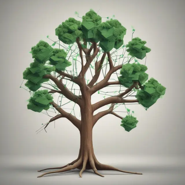Tree with interconnected block-shaped leaves representing the decentralized blockchain network