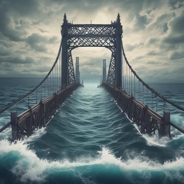 Bridge connects blockchain puzzle pieces on a turbulent sea, representing Blockchain-as-a-Service streamlining complicated blockchain implementations