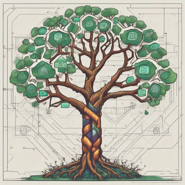 An image of a stylized, growing tree representing Blockchain-as-a-Service (BaaS) with roots in finance, branches extending towards healthcare and supply chain industries