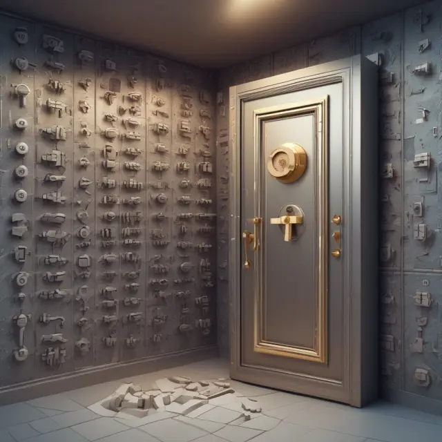 An encrypted vault protected by keys and knights representing encryption methods and access control in BaaS