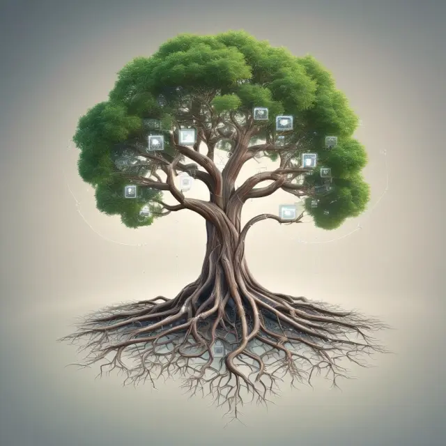 A growing tree with deep roots intertwining with nodes in a blockchain network, representing the scalability and elasticity offered by Blockchain-as-a-Service
