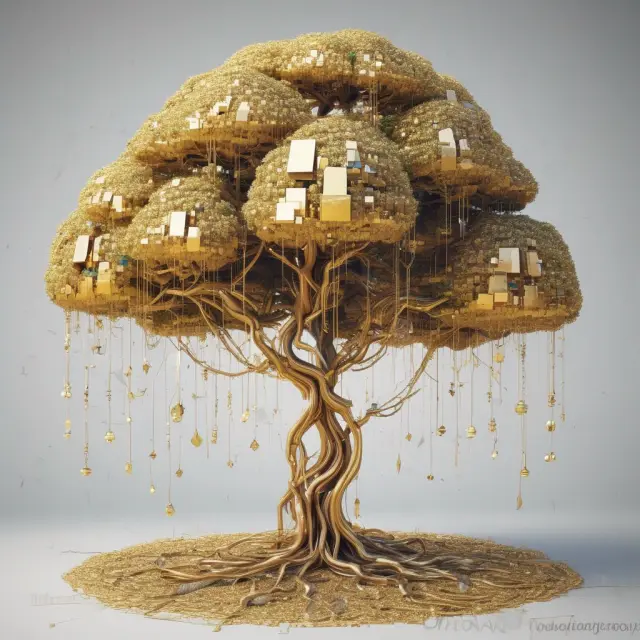 Golden chains forming a cloud symbolizing Blockchain-as-a-Service (BaaS), nurturing a business tree with branches representing industries and applications that benefit from it.