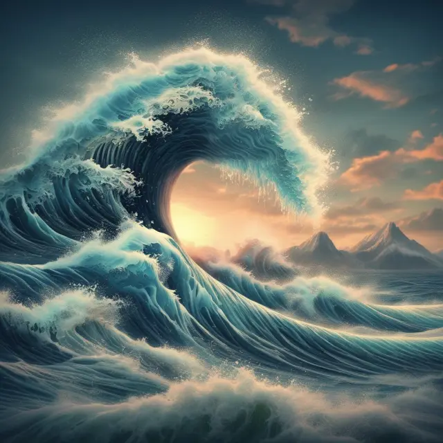 A tranquil ocean representing the stock market, disrupted by a large order as a powerful tsunami wave causing substantial price slippage
