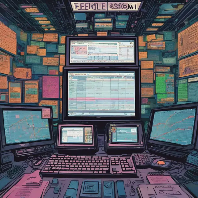 A dynamic image showing the Bloomberg Terminal as a vast ocean with real-time financial data waves, an Excel spreadsheet floating on the surface, and instant messaging bubbles.
