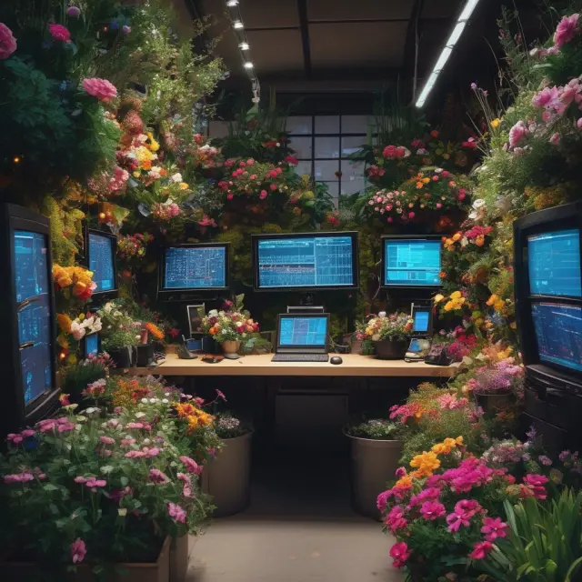 A lush garden with Bloomberg terminal tools managing trades among market data flowers