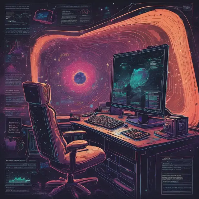 A user navigates through the Bloomberg Terminal, represented by a cosmic data nebula, collecting valuable financial insights