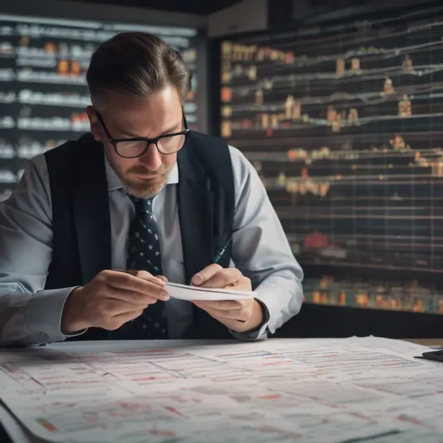 A trader studying an intricate crystal blotter, unveiling hidden market trends and opportunities
