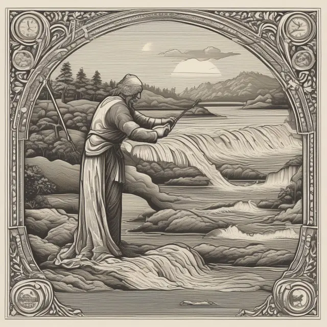 Timekeeper releasing economic data into a flowing river, representing the Bureau of Labor Statistics
