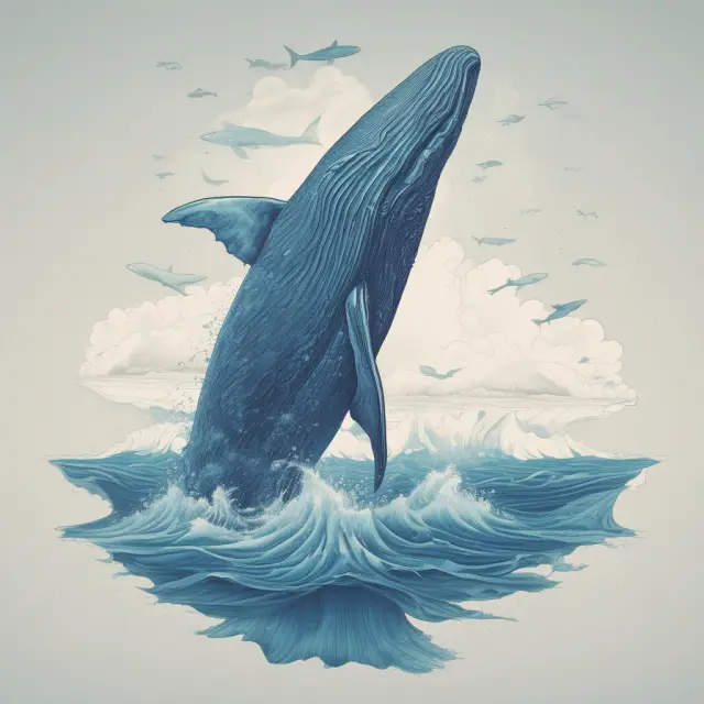 A blue whale emerges from the tranquil waters of a calm sea, symbolizing untapped opportunities and new markets in Blue Oceans.