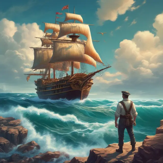 A sailor unearths a hidden treasure chest in a blue ocean, illustrating the discovery of new market opportunities through innovation.