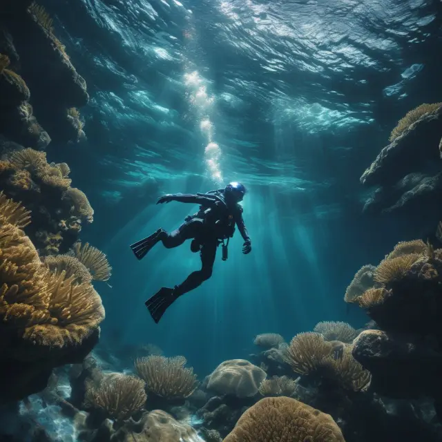 An adventurous diver dives into unknown waters, illustrating the process of implementing a blue ocean strategy.