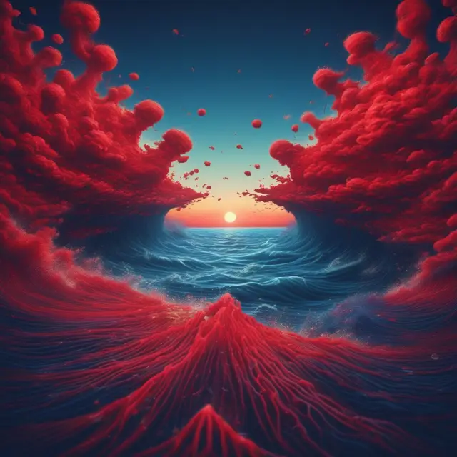 A red ocean with competitive companies turning into a blue ocean, representing market transformation