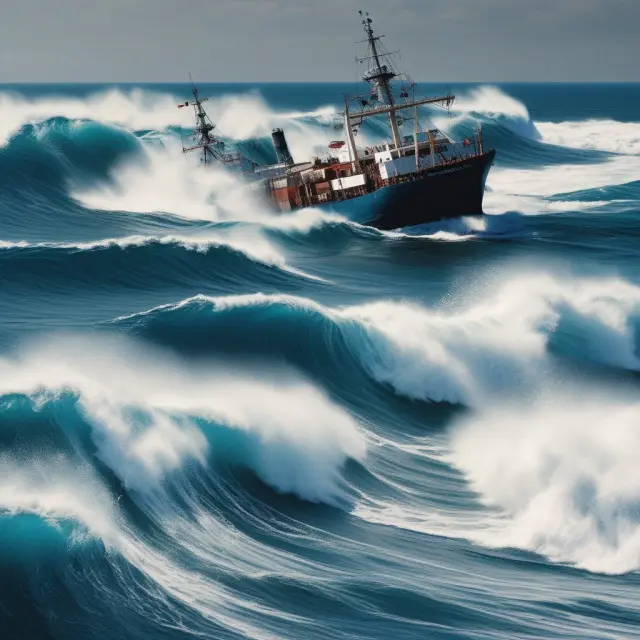 A blue ocean with waves representing new market opportunities crashing against anchored competitor ships, illustrating the conflict between creating new markets and focusing on competitors.
