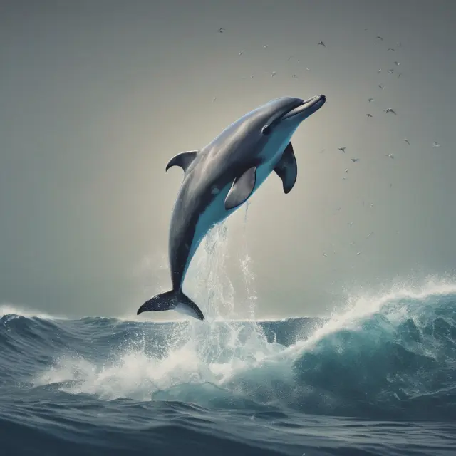 A playful dolphin swims through a vast blue ocean, creating ripples that symbolize innovation, continuous improvement, and the scalable growth of a company in a blue ocean market.