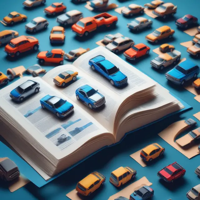 Blue Book revealing a colorful market scene with diverse cars for sale