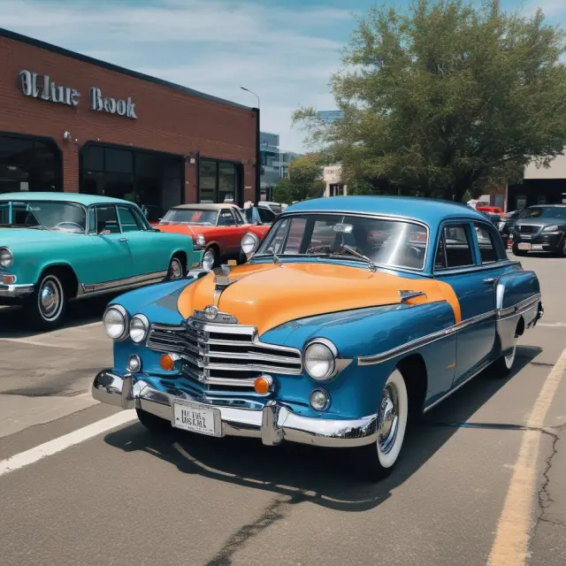 A blue book acting as a compass, navigating a vast sea of cars and fair prices for car buyers