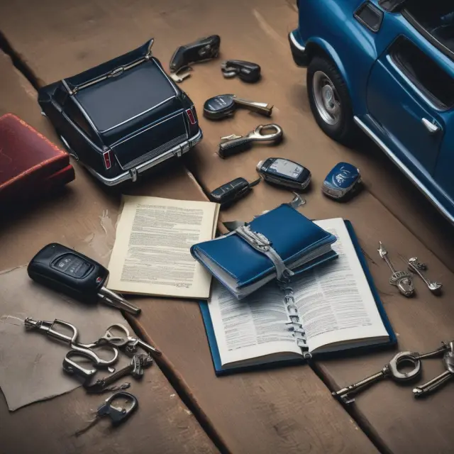Blue Book displayed with car keys and wheels, representing informed car selling decision making