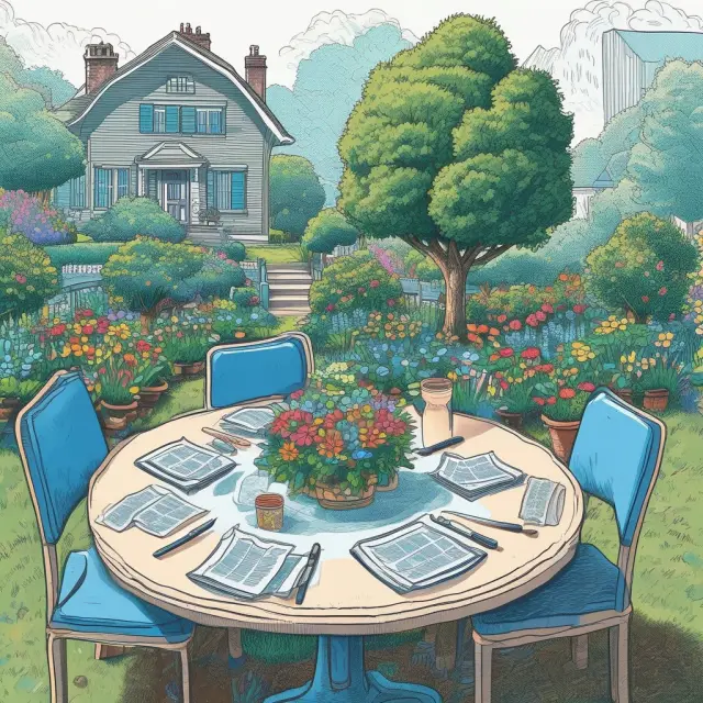 A table with four chairs symbolizing blue-chip companies (Microsoft, Nestlé, Johnson & Johnson, Berkshire Hathaway) surrounded by thriving stock plants illustrating consistent growth