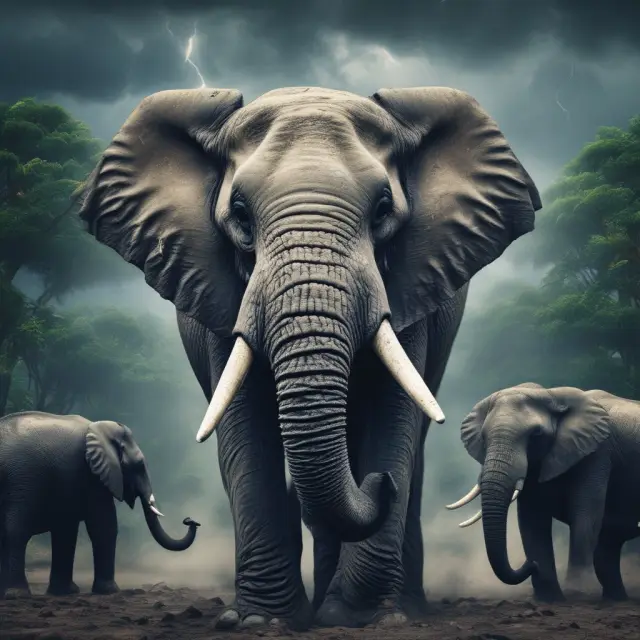 A herd of large, strong elephants standing tall amidst the stormy market jungle, symbolizing blue chip stocks as a safe and stable investment option