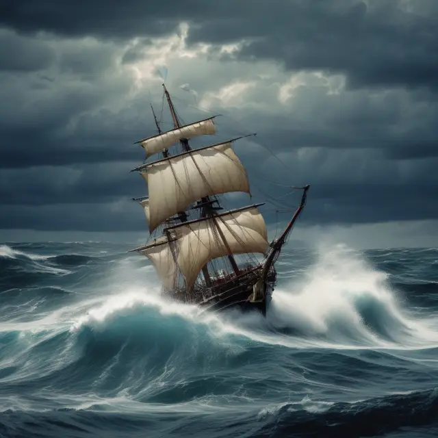 Blue chip stocks depicted as steadfast ships weathering financial storms, outperforming the market during downturns.