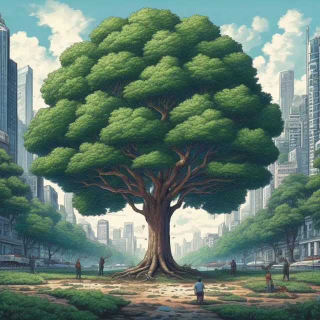 Three towering trees representing IBM, JPMorgan Chase, and Walmart, firmly rooted in lush financial ground