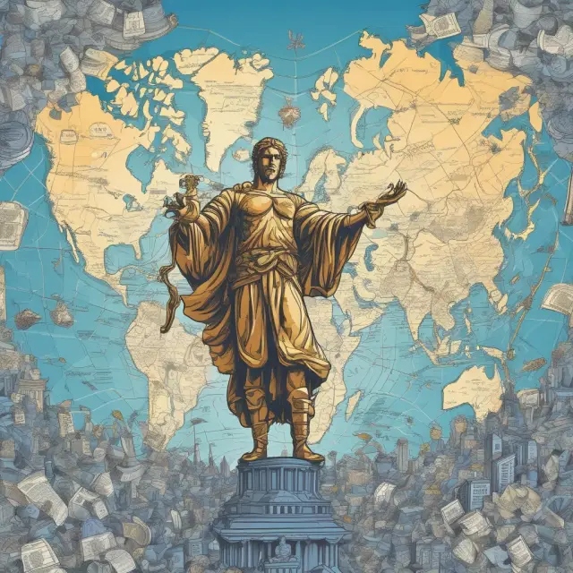 Justice figure standing protectively over a map of investments, with blue skies visible in the background as stocks and securities swirl around
