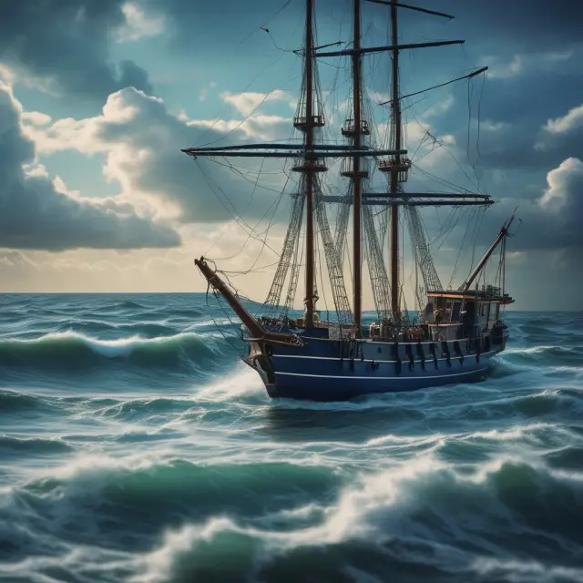 A calm blue sea with shield-wielding angels protecting a small wooden boat against turbulent waves, representing blue sky laws safeguarding investors.