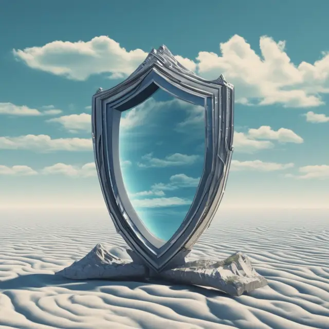 A blue shield guarding a digital sea, symbolizing investor protection by blue sky laws in the digital age