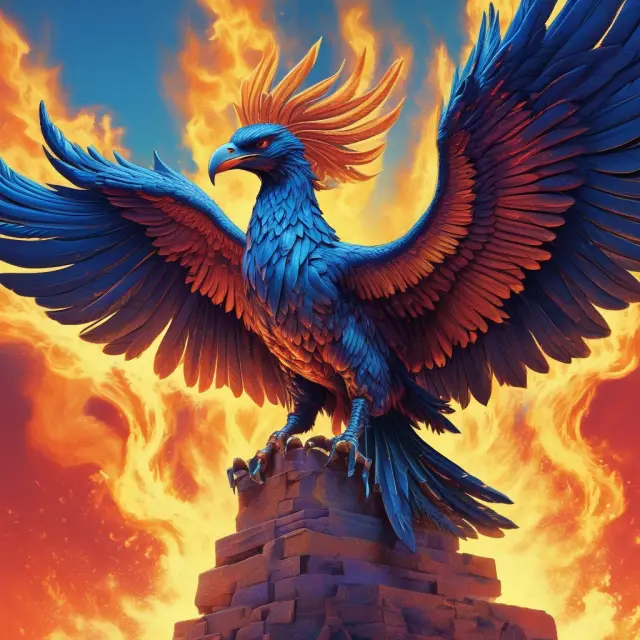 A mythical phoenix emerging from ashes symbolizes blue sky laws adapting to protect investors in the digital age, with securities offerings in the background