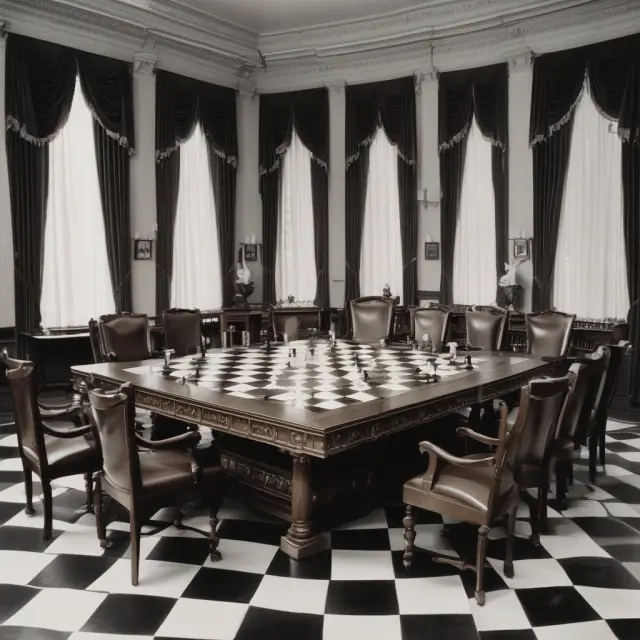 Seven governors seated on a chessboard, representing the U.S. Federal Reserve Board of Governors