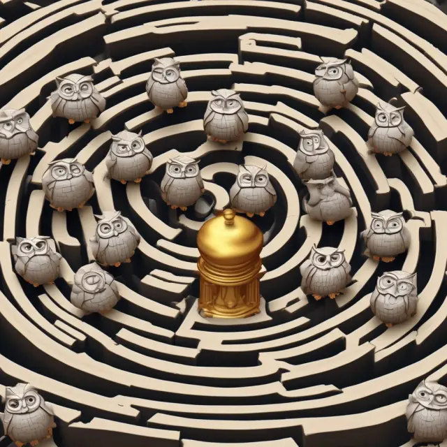 An image of a wise gavel-wielding governor leading a group of knowledgeable owl FOMC members through a complex maze of monetary policy decisions