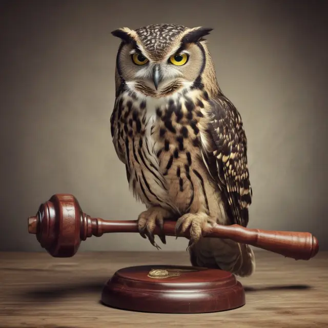 An owl sits atop a gavel, symbolizing wise guidance from the board for a corporation