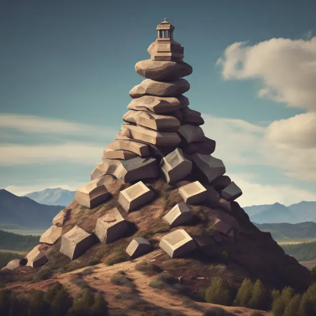 A board of trustees stands atop a mountain, symbolizing wisdom and knowledge, overseeing university endowments (education) and mutual savings banks (finance)