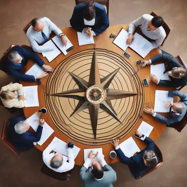 Stakeholders gather around a compass in a boardroom, symbolizing the Board of Trustees navigating responsibilities and stakeholder interests
