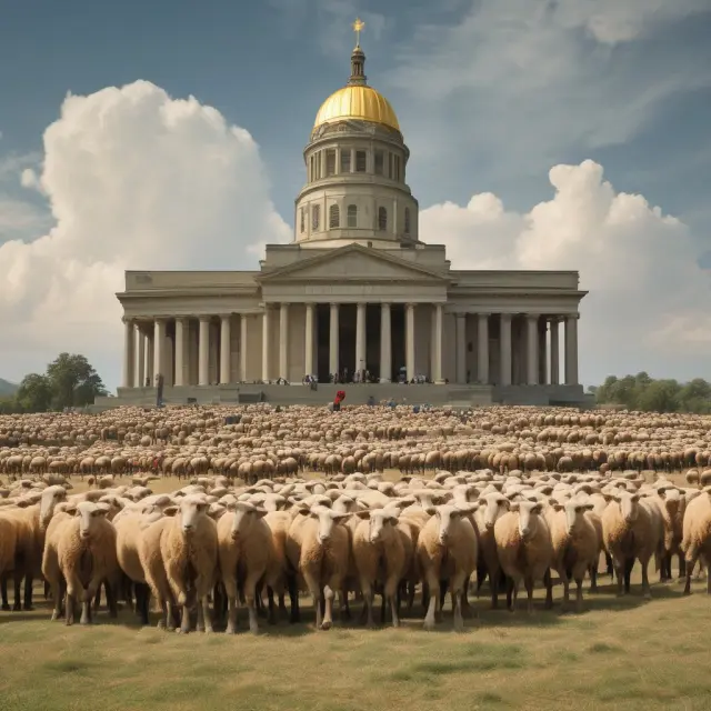 A shepherd with a staff leads a flock of diverse investments, emphasizing the role of boards of trustees in protecting and guiding institutional investors.