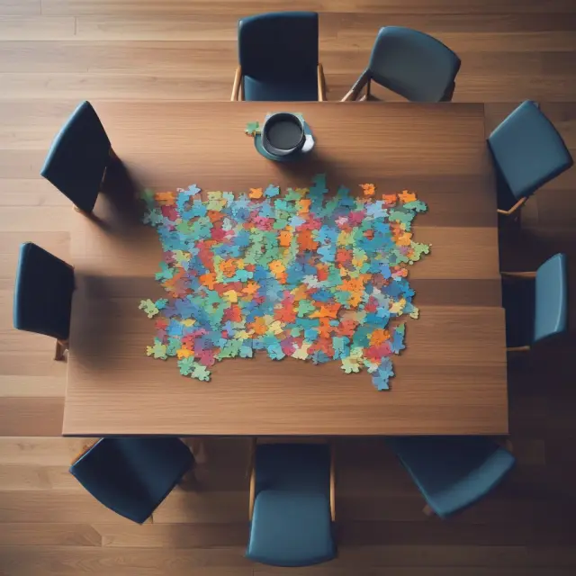 Trustees gathered around a boardroom table, working on a jigsaw puzzle symbolizing the challenges of managing investments, balancing stakeholder interests, and maintaining regulatory compliance.
