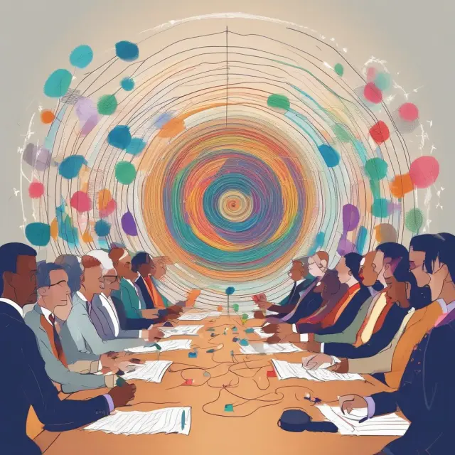 An intricately woven tapestry depicting board members engaging with various stakeholders, symbolizing the importance of open dialogue and collaboration