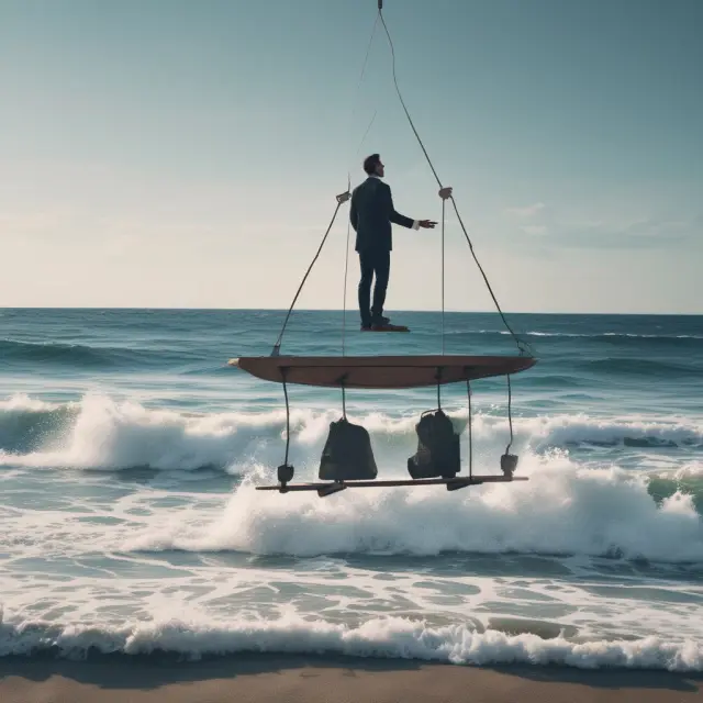 Project manager managing resources atop a scale, facing tranquil ocean waves, illustrating effective project management without unnecessary complexity