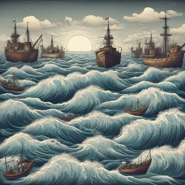 A vast ocean being boiled with multinational companies, complex projects, crisis situations, and research bubbles floating on its surface