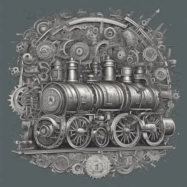 Image: A steam locomotive pulling through a labyrinth of cogs and legal contracts representing the history and evolution of boilerplate