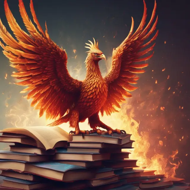 A mythical phoenix bird emerging from a stack of coding textbooks, representing the power and efficiency of boilerplates in web development and coding.
